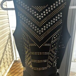 bebe Black Studded Sleeveless Crop Top with Gold & Silver Embellishments